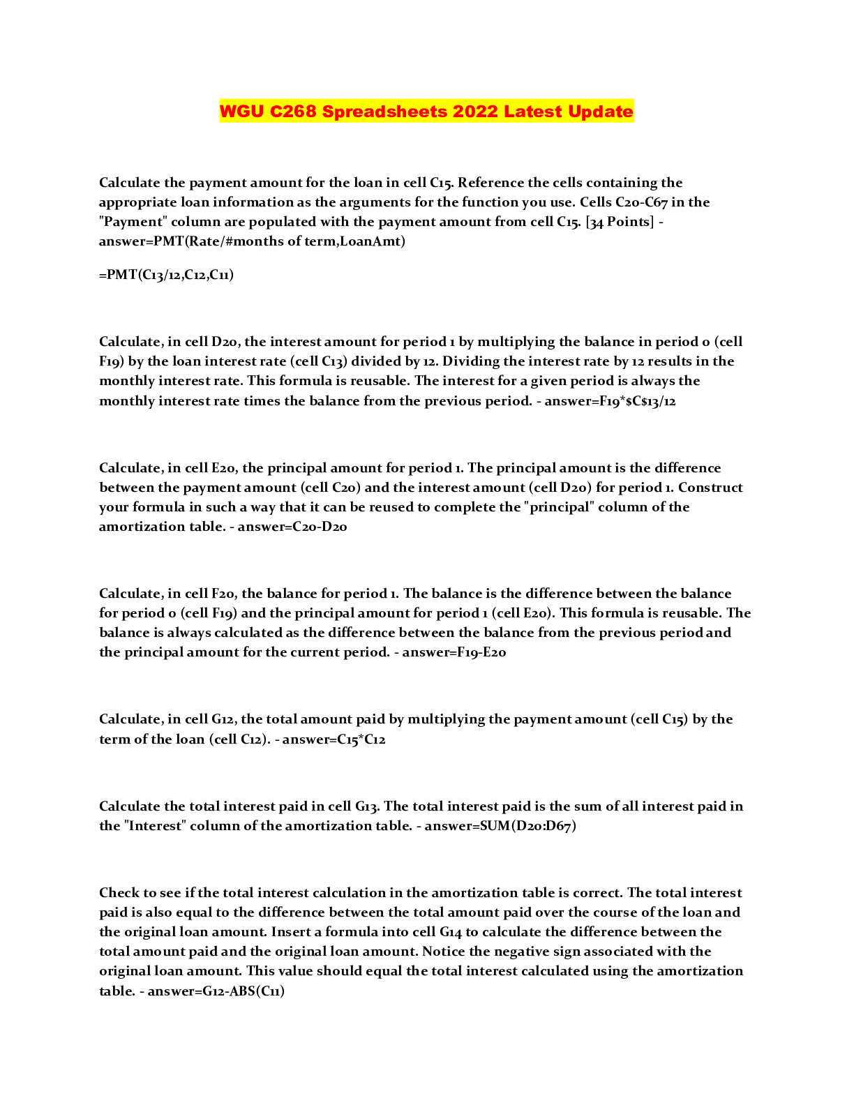 Preview image of WGU C268 Spreadsheets 2022 Latest Update document